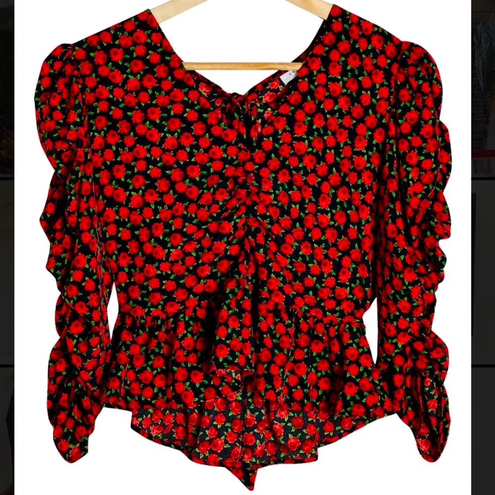 Topshop Black and rose puff sleeve peplum top